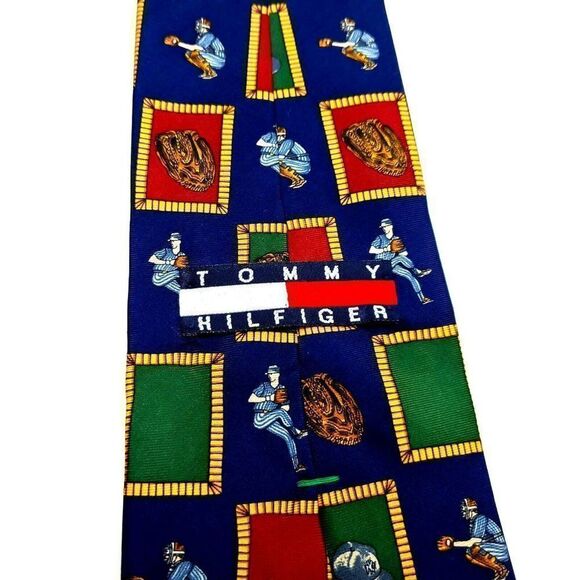 Vintage Tommy Hilfiger Colorblock Box Logo Silk Tie Blue Baseball Short Wide - Picture 3 of 6